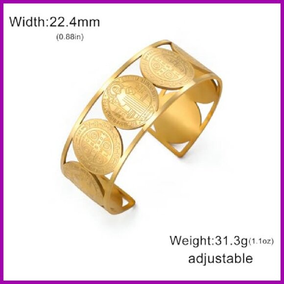 Adjustable St. Benedict Cuff Bracelet Stainless Steel Religious Jewelry - Picture 7 of 8